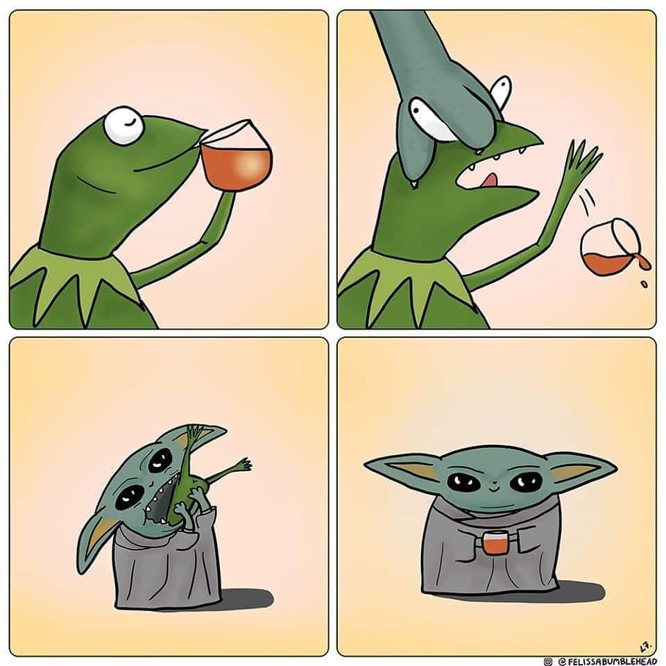 The meme is an image of Kermit the Frog from The Muppets, but with the face of a grumpy, angry-looking character from the Star Wars franchise, known as "The Child" or "Baby Yoda". The image is captioned "I drink your milk" in a reference to a famous line from the Star Wars franchise, but in a humorous way, implying that Baby Yoda is drinking the frog's drink. The meme is a play on the idea of a young, mischievous character stealing a drink from a grown-up, with a humorous twist.
